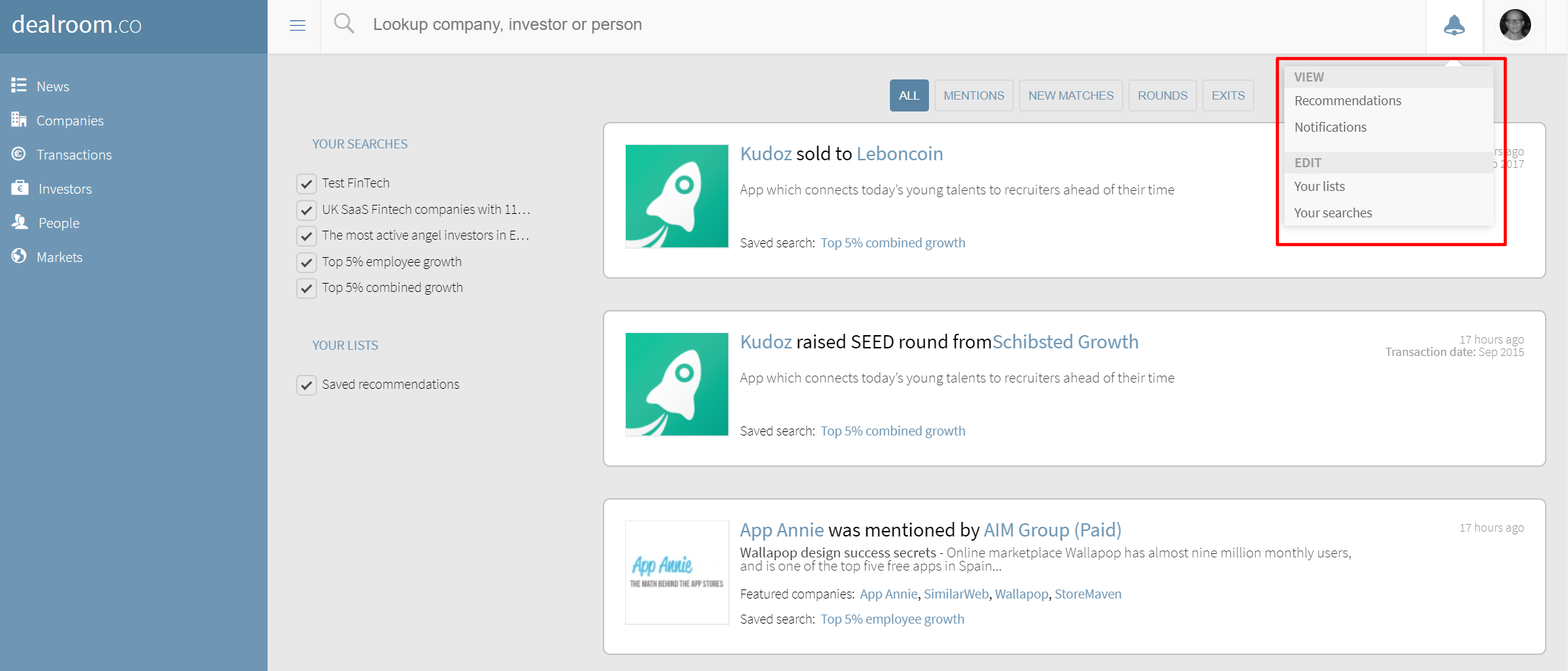 Enabling notifications to track companies and entire markets